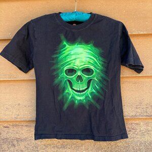 Black Boys M (8) T-Shirt With Neon Green Glow-In-The-Dark Skull Graphic 100% Cot